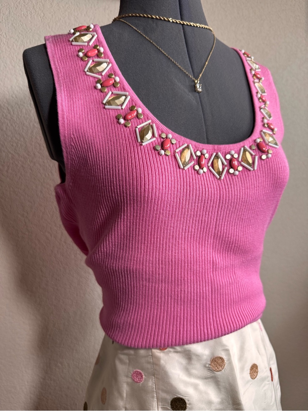 Vintage Beaded Ribbed Pink Tank Top Blouse Ruby Road L